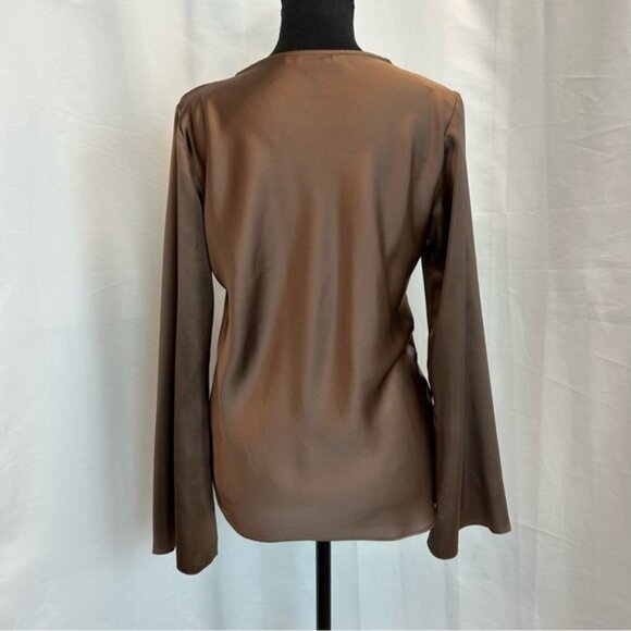 ZARA WOMAN CHOCOLATE BROWN SATIN BLOUSE SHIRT PEEP HOLE TIE BOW FLARE SLEEVE L - Picture 8 of 16